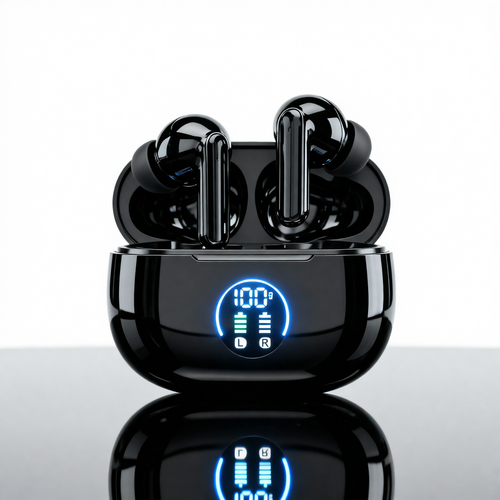Black TWS Wireless Earbuds with 24Hr Battery & Noise