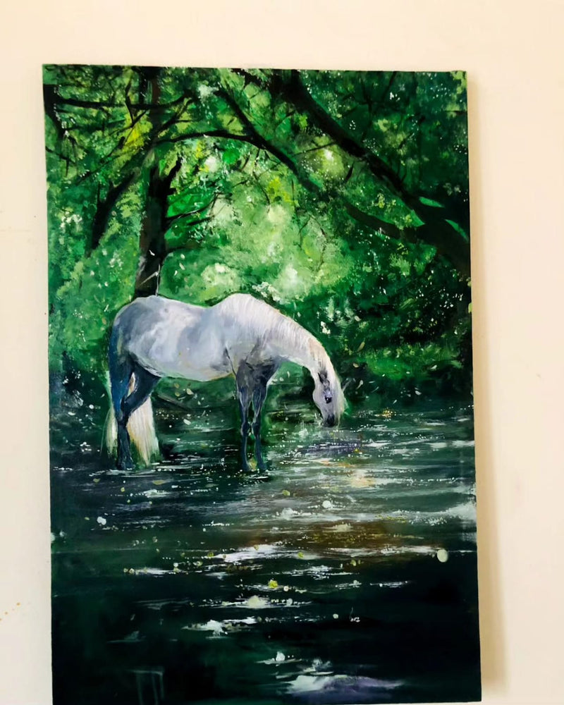 Handmade Serene Waters: A White Stallion's Peaceful Reflection