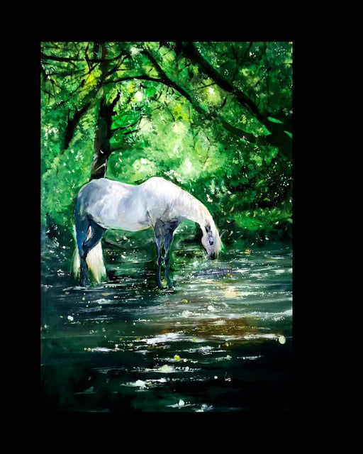 Handmade Serene Waters: A White Stallion's Peaceful Reflection